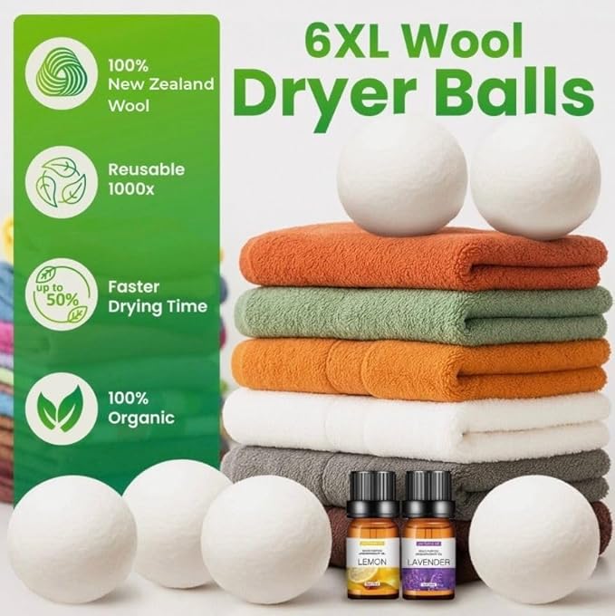 SEREN Wool Dryer Balls with Essential Oils – 100% New Zealand Wool, Plastic-Free & Reusable, Reduces Wrinkles & Static, Gentle on Baby Clothes & Sensitive Skin