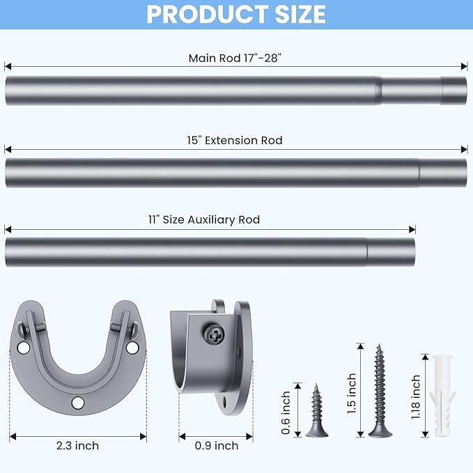 Closet Rods for Hanging Clothes, 17 to 84 Inches No-Cut Stepless Adjustable Closet Rod, 1.3 Inches Expandable Metal Heavy Duty Closet Hanging Rod for Closet Wardrobe Bathroom Laundry RV, Silver
