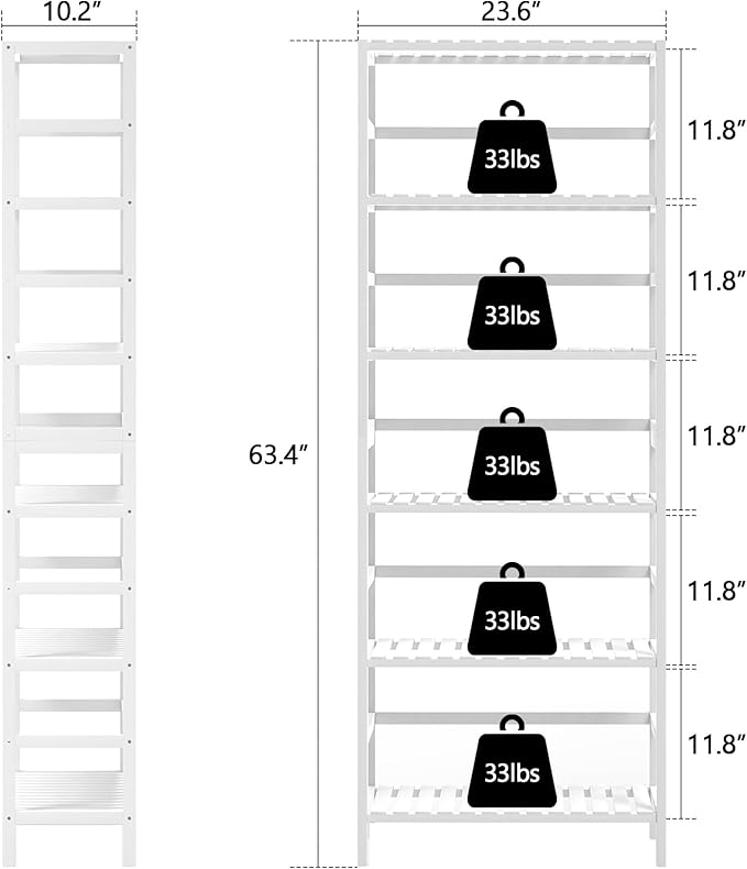 VASMIA 6-Tier Bamboo Shelf,Bamboo Storage Shelving Unit,Tall Bookcase with Adjustable Shelves,Multipurpose Storage Display Shelf for Bathroom, Living Room, Balcony, Kitchen,White