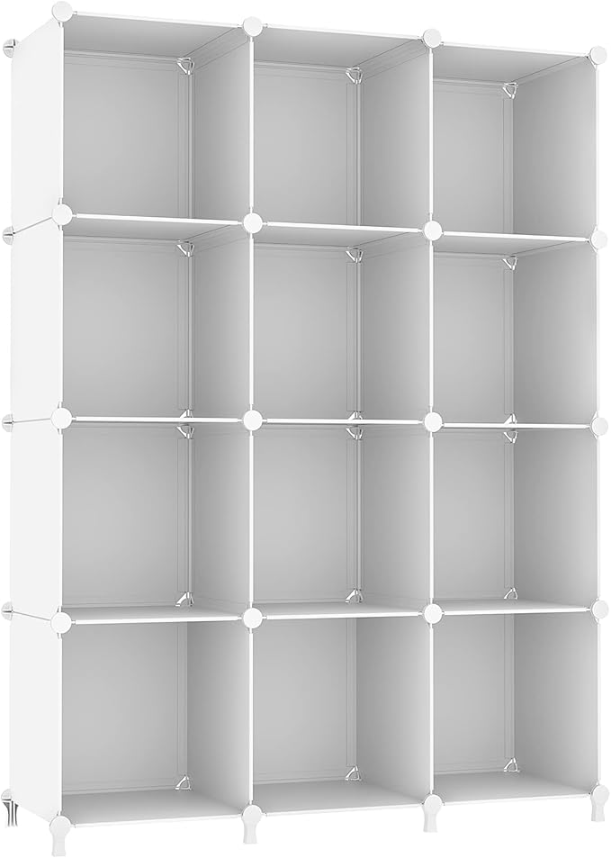 AWTATOS Cube Storage Organizer Storage 12 Cube Bookshelf DIY Plastic Closet Clothes Storage Shelves with Wooden Mallet, Stackable Storage Solution for Home, Bedroom, White
