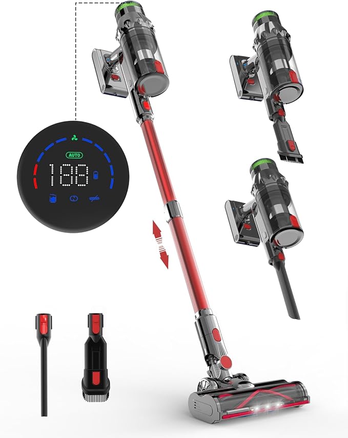 Cordless Vacuum Cleaner - Vacuum Cleaners for Home, Stick Handheld Pet Hair Hardwood Floor Vac, High Power Hand Held Rechargeable Battery Portable Household Lightweight Vac, Red