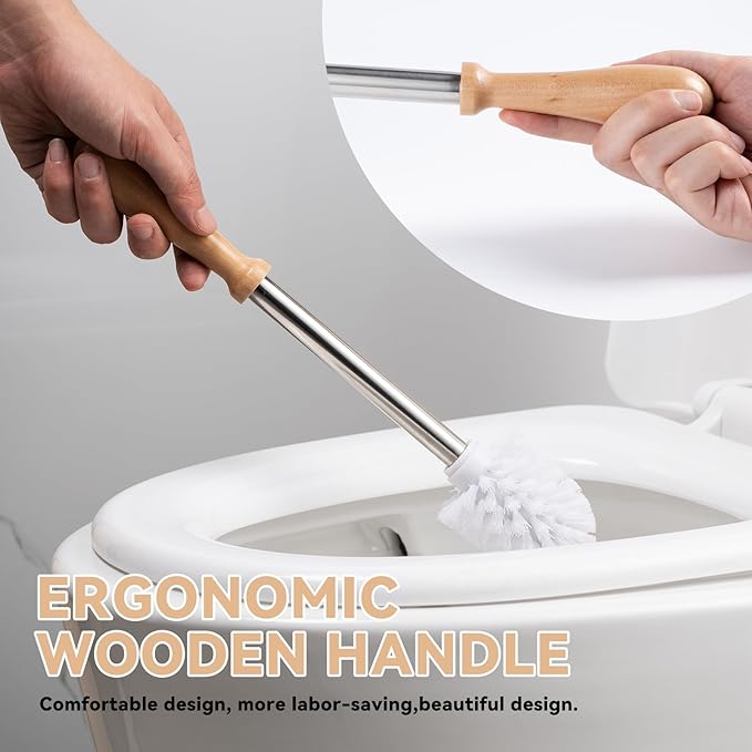 White Toilet Brush and Holder Set - Ceramic Bathroom Toilet Scrubber Brush Organizer with Cleaner Brush Kit with Detachable Brush Head & Natural Wood Handle, Toilet Brush & Cute Duck Design