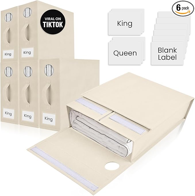 6 Pack Bed Sheet Organizer and Storage, Foldable Storage Bed Sheet Organizer for Linen Closet with Viewing Window & Label for Bedding Sheets & Blankets (Queen & King Size) Cream