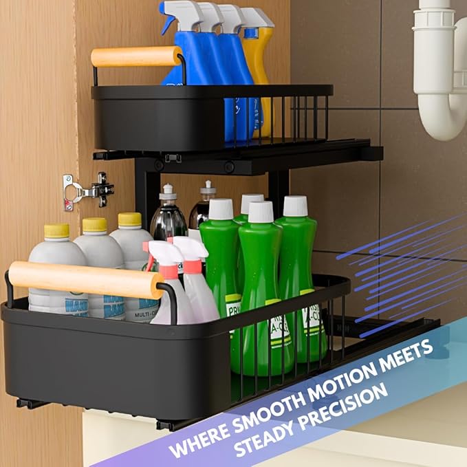 Premium Heavy Duty Carbon Steel Under Sink Organizer, 2 Tier Pull Out Cabinet Organizer, 7 Adjustable Heights with Smooth Ball Bearing Sliding Baskets for Bathroom & Kitchen