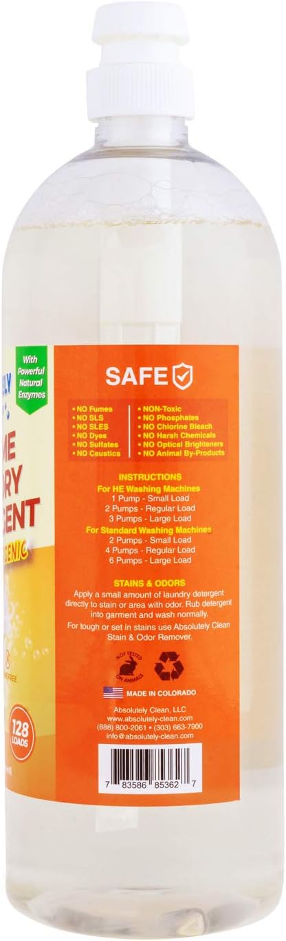 Amazing Natural Based Laundry Detergent Liquid (128 Loads) - Powerful Natural Enzymes - USA Made (32oz Bottle)