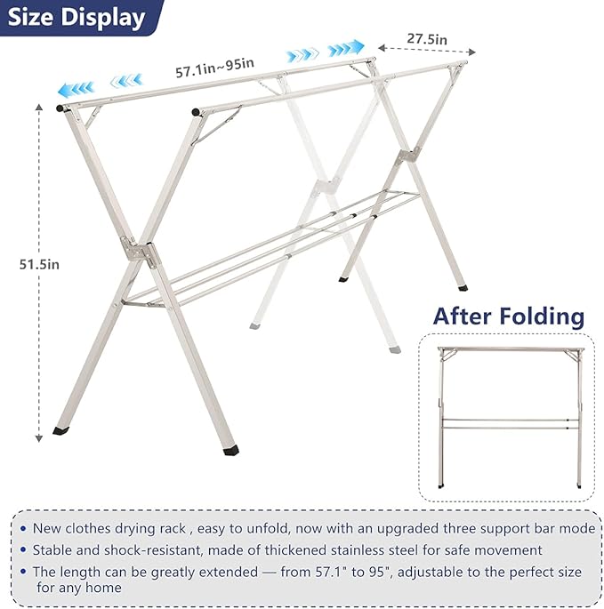 95 inches Foldable Clothes Drying Rack, Heavy Duty Stainless Steel Laundry Drying Rack for Indoor Outdoor, Clothes Rack Adjustable Length. 3 Additional Reinforcement Bars with 20 Windproof Hooks