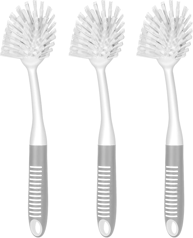 SetSail Dish Brush with Handle, 2 Pack Stiff Bristles Dish Scrubber with Built-in Scraper Dish Scrub Brushes for Cleaning Dishes, Pots and Pans, Kitchen Sink, 3 Pack, Grey White