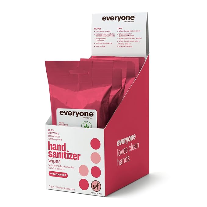 Everyone Hand Sanitizer Wipes, 15 Wipes (Pack of 6), Ruby Grapefruit, Made with Sugarcane Derived Alcohol with Essential Oils, TSA friendly