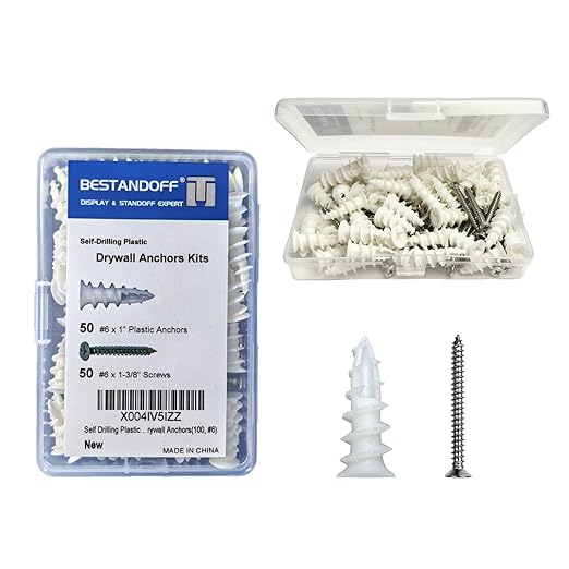 Self Drilling Plastic Drywall Anchors with Screws Assortment Kit 100PCS, 50 Plastic Anchors and 50 Flat Head Screws, Dry Wall Anchors (100, #6)