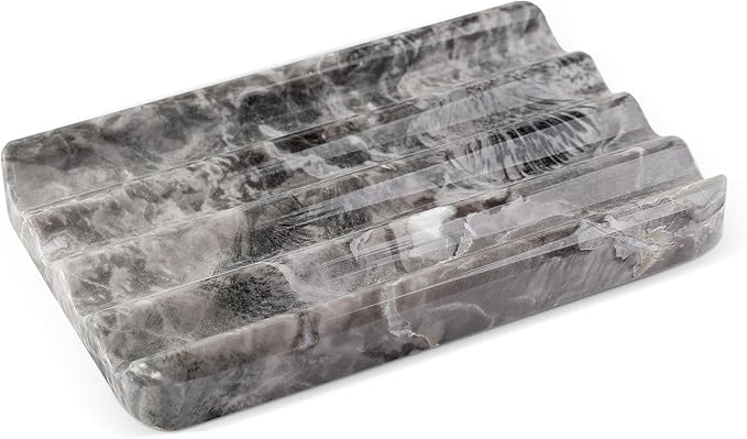 Marble Soap Dish, Bar Soap Holder Shower, Brown Soaps Saver with Water Ripple Design, Easy Cleaning Stone Sponge Holder for Kitchen Sink，Bathroom, Executive Natural Stone Soap Tray