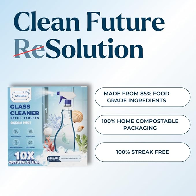 Glass Cleaner Refill Tablets | Plant-Based Streak-Free Window & Mirror Cleaner | Non-Toxic & Eco-Friendly Cleaning Solution | Plastic-Free Packaging | Ocean Mist - Pack of 8