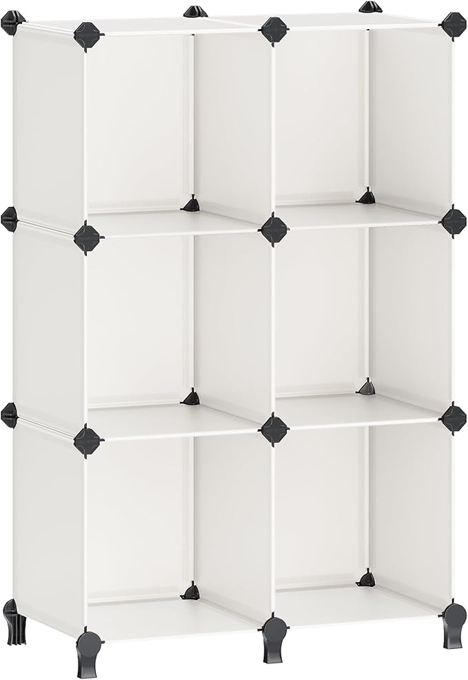 SONGMICS 6 Cube Storage Organizer, Modular Bookshelf, DIY Closet Organizers and Storage, Plastic Stackable Shelves, 11.8 x 11.8 x 11.8 Inch Cubes, with Feet and Rubber Mallet, Cream White ULPC111M01
