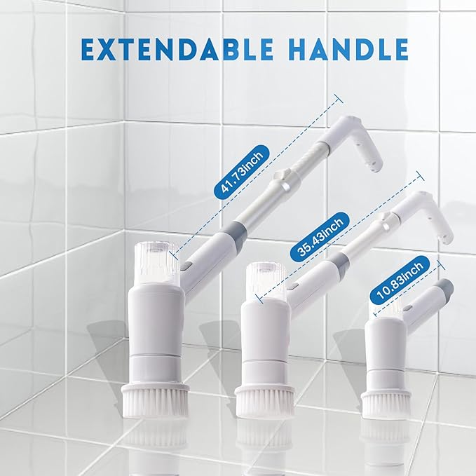 Electric Spin Scrubber,Spray with Foam Cordless Cleaning Brush, 2-Speed Shower Scrubber, Shower Cleaning Brush with 8 Replaceable Brush Heads, Adjustable Removable Handle for Bathroom, Kitchen-White