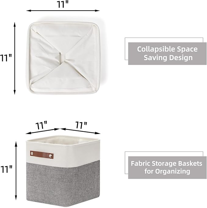 HNZIGE Fabric Cube Storage Baskets Bins Cube Baskets 11x11, Set of 4, Foldable Storage Cube Bin Baskets for Shelves with Handles, Bins for Cube Organizer Home Toy Nursery Closet Bedroom(White Gray)