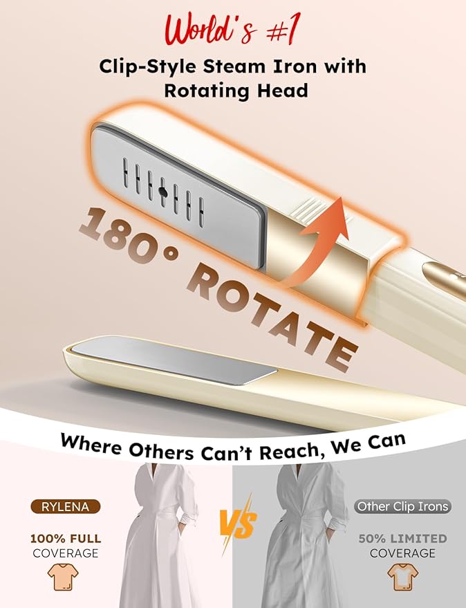 Travel Steamer Iron Portable, Rylena 180° Rotatable Handheld Press Iron for Clothes, Curtains, 2025 LeakProof & Anti-Drip Tech, Fast De-Wrinkle, Crisp Crease, XL Tank, Easy Grip, Apt, Cruise,Dorm