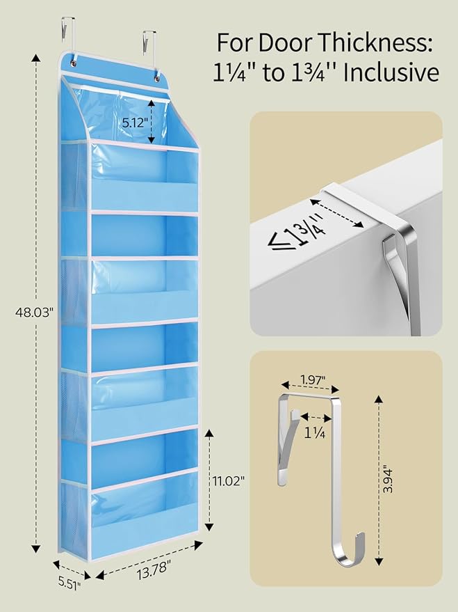 Yecaye 5 Tier Over the Door Organizer, Swing-proof Door Organizer Hanging with Clear PVC Windows, Behind the Door Storage for Bedroom Nursery Closet Laundry Pantry Bathroom, Soft Sky Blue
