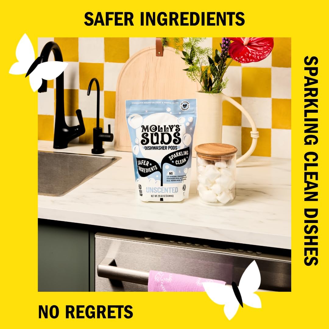 Molly's Suds Dishwasher Pods | Clean Dishwasher Detergent, Cuts Grease & Rinses Clean (Residue-Free) for Sparkling Dishes | 60 Auto-Release Tabs (Unscented)