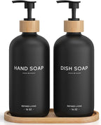Hand and Dish Soap Dispenser Set,16oz Glass Bottles with Printed Labels, Bamboo Tray & Pump,Countertop Soap Dispensers for Kitchen,Luxury, Minimalist & Farmhouse Decor (Hand Dish (Black))