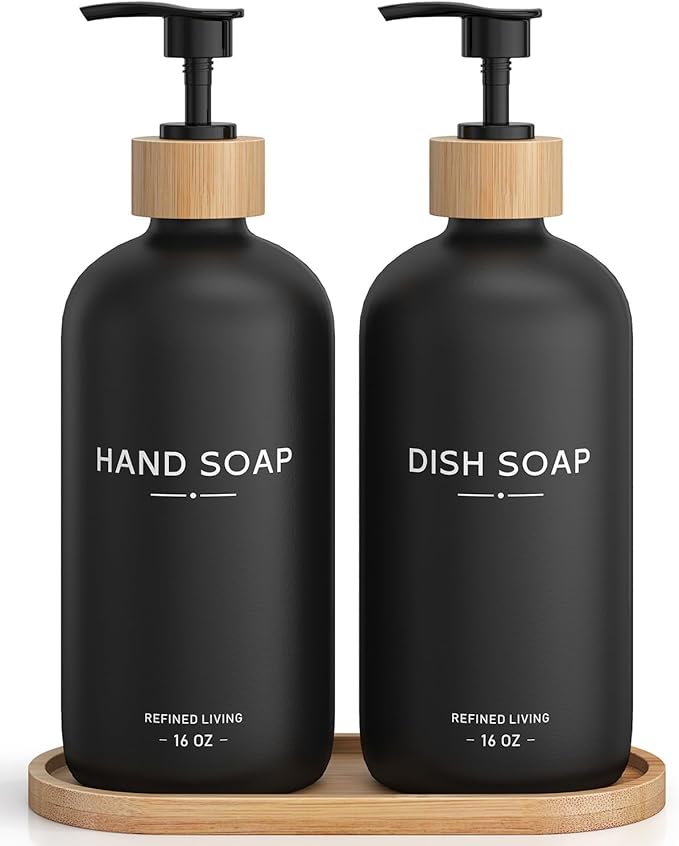 Hand and Dish Soap Dispenser Set,16oz Glass Bottles with Printed Labels, Bamboo Tray & Pump,Countertop Soap Dispensers for Kitchen,Luxury, Minimalist & Farmhouse Decor (Hand Dish (Black))