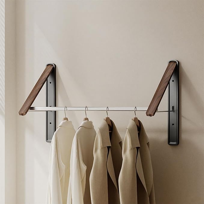 Retractable Wall Mounted Drying Rack - Foldable Clothes Hanger in Walnut or Oak Color for Laundry Room, Closet & Balcony (Walnut, 2 Racks + Rod)