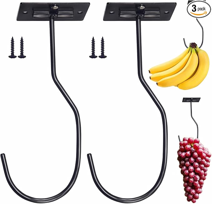 Self-Adhesive Banana Hooks, Foldable Magnetic Hanger Under Cabinet, Sturdy Metal Banana Holder for Kitchen, Space-Saving Design to Keep Bananas Fresh 2 Pieces Black