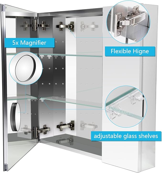 Sunrosa Aluminum Bathroom Medicine Cabinet with Mirror Door, 30"×27.5" Bathroom Mirror Cabinet,Wall-mountable and Recessed-in Mirror Cabinet, 2 Door Medicine Cabinet Organizer with Mirror