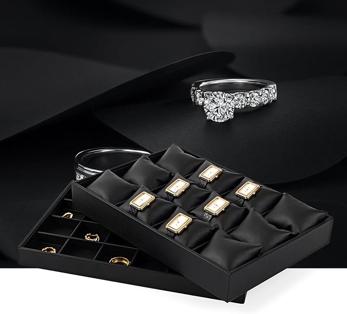 Oirlv Black Premium Leather 12 Grid Jewelry Insert Watch Tray With Removable Pillow Bracelet Bangle Storage Organizer Tray