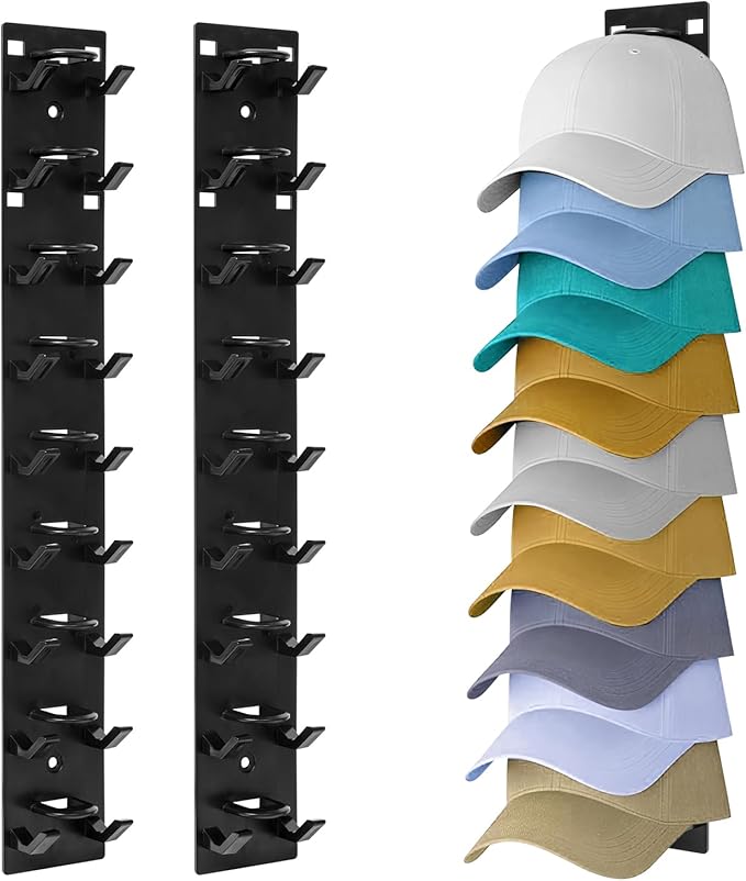 2 Pack Hat Organizer for Baseball Caps,Hat Rack for Wall with Strong Adhesive Hold up to 18 Hats，Over The Door Organizer for Closet Door and Bedroom (Black)