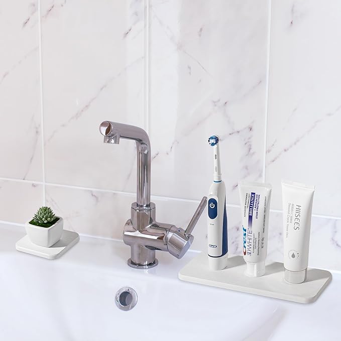 2 PCS Water Absorbing Stone Tray for Sink, Diatomite Bathroom Tray Quick Dry Dish Soap Holder Kitchen Sink Organizer for Modern Home Decor - White