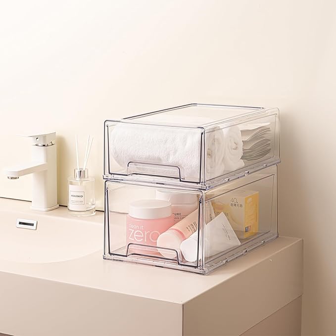 6 Pack Stackable Pull-Out Storage Drawers，Plastic Clear Organizer Bins with Handles，Easily Clean for Craft, and Toy Organization，Kitchen Undersink，Cabinet，Fridge，Closet，Pantry，Office，Bathroom