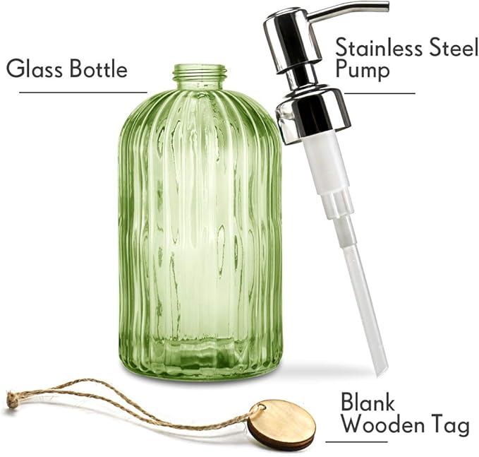 JASAI 18 Oz Vertical Striped Green Soap Dispenser with 304 Rust Proof Stainless Steel Pump, Refillable Lotion Soap Dispenser for Bathroom, Kitchen, Hand Soap, Dish Soap (Clear Green)