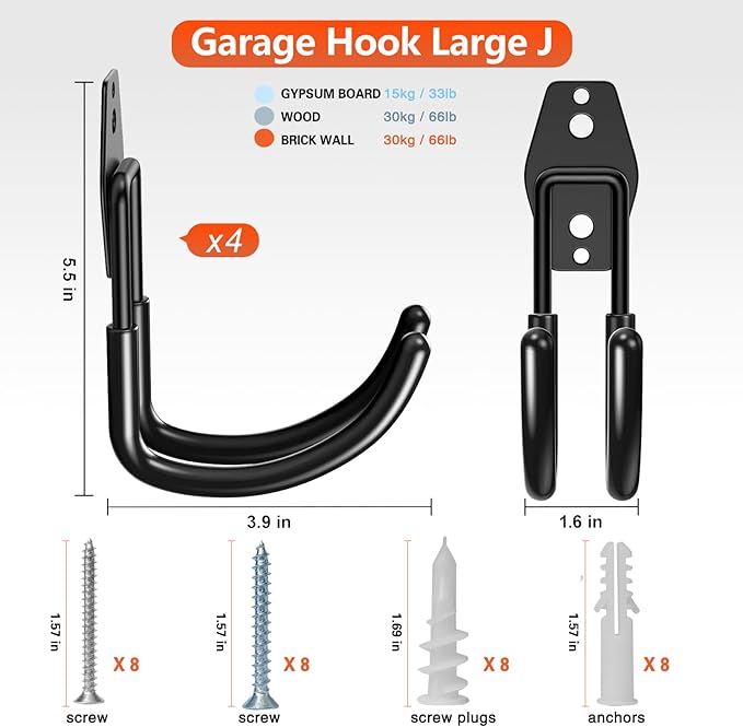 Heavy Duty Garage Hooks 4 Pack, J Shaped Hanger, Wall Mounted Storage System, Power and Garden Tool Organizer, for Hanging Ladders, Bikes Tires, Hose, Bulk Items