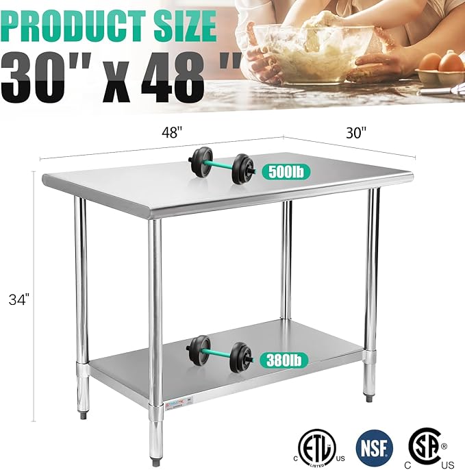STABLEINK NSF Stainless Steel Table, 30 x 48 Inches 4ft Metal Prep & Work Table with Adjustable Undershelf, for Commercial Kitchen, Restaurant, Hotel and Garage