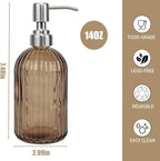 14Oz Brown Soap Dispenser Bathroom, Clear Glass Hand Soap Dispensers with Stainless Steel Pump, Refillable Dish Soap Dispenser for Kitchen, Countertop Soap Dispensers