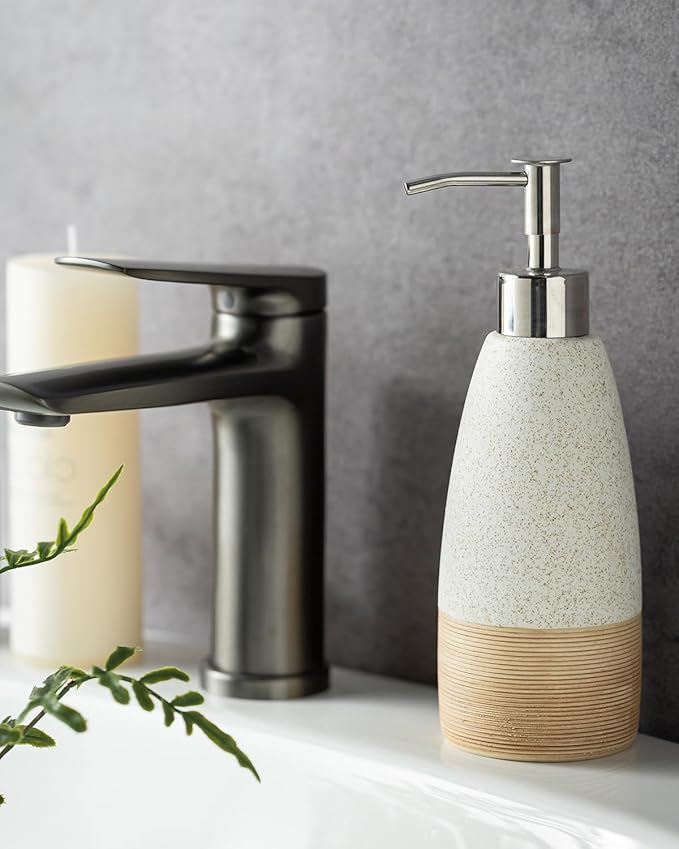 12 oz Dish Soap Dispenser with Plastic Pump & Stainless Steel Pump for Hand Soap, Shampoo, Lotion, Conditioner, Ceramic Refillable Soap Bottle with Silicone Funnel for Bathroom & Kitchen, White