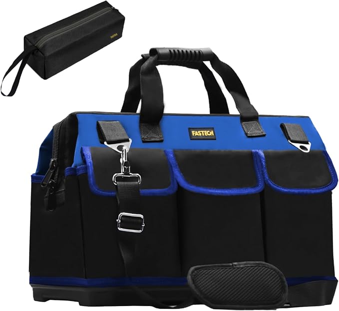 FASTECH 20 Inch Bottom Tools Bag With Wide Mouth For Tool Storage, Carrier and Organizer, Heavy Duty Tool Tote Bag for Men/Women, Wide Mouth Tool Bag With Inside Pockets (20 Inch)