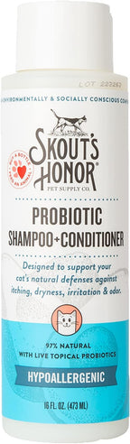 Skout's Honor Unscented Probiotic Cat Shampoo & Conditioner with Avocado Oil & Omega-3s, 97% Natural, Paraben & Sulfate-Free, Cruelty-Free, 16oz, Fragrance Free