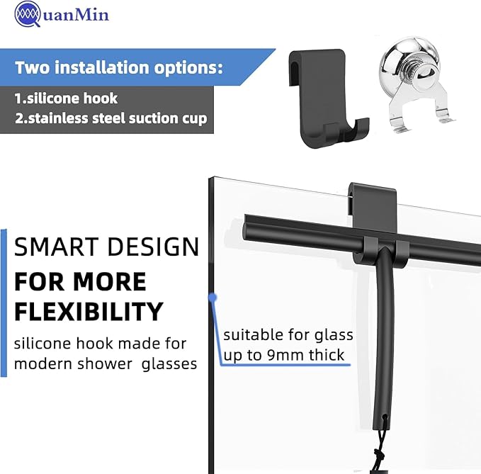 Upgrade Design Shower Squeegee with Hook, 11 inch Stainless Steel Core Glass Wiper, Multi-Purpose Glass Silicone Rubber Household Squeegees for Glass and Ceramic Doors Windows, Rounded Black