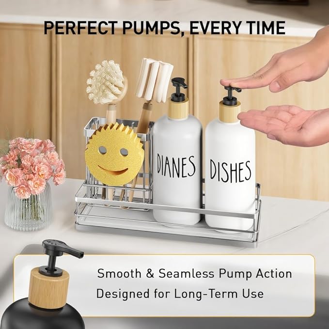 Moforoco Kitchen Dish Soap Dispenser Set, 16OZ Glass Bottle, Hand and Dish Soap Dispenser Set, Instant Dry Tray, Non-Slip Silicone Pad, Brush Holder with Sponge Holder, Kitchen Decor（White Bottle）