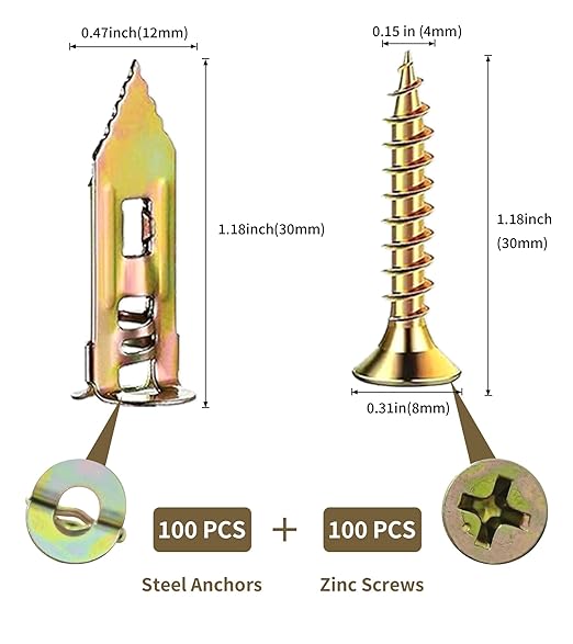 200PCS Self Drilling Drywall Anchors with Screws Kit,2025 Upgraded Board Anchors Kit，100PCS Sheetrock Anchors and 100PCS Screws, Eliminating The Need for Drilling or Punching Holes in The Wall