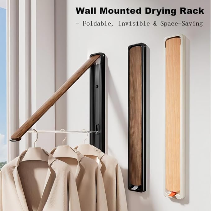 Retractable Wall Mounted Drying Rack - Foldable Clothes Hanger in Walnut or Oak Color for Laundry Room, Closet & Balcony (Walnut, 1 Rack)