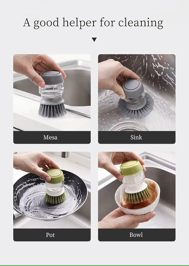 Soap Dispenser Palm Dish Brush with Storage Bracket – Drainage Base, Easy-to-Clean Kitchen Utensil Cleaner | Includes Extra Soft Bristle Brush (Gray&Green)