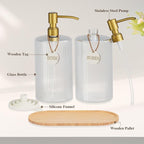 Kitchen Soap Dispenser Set,18Oz Glass Hand and Dish Soap Dispenser for Bathroom,with Wood Tray & Gold Stainless Steel Pump,Vertical Stripe Design