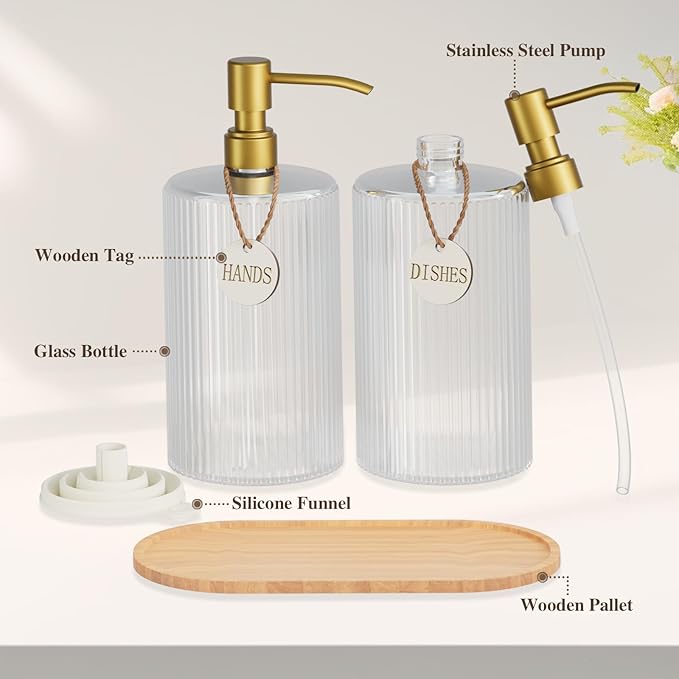 Kitchen Soap Dispenser Set,18Oz Glass Hand and Dish Soap Dispenser for Bathroom,with Wood Tray & Gold Stainless Steel Pump,Vertical Stripe Design