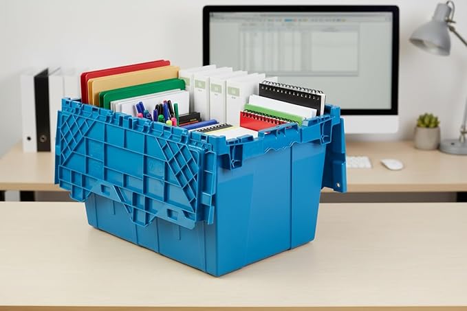 Hudson Exchange 21.9 x 15.2 x 12.8” (3 Pack) Storage Tote Distribution Container with Hinged Attached Lid, Blue