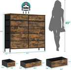 Dresser for Bedroom with 12 Drawers, Tall Fabric Drawer Dresser, Chest of Drawers for Closet, Nursery, Bedside, Living Room, Laundry, Entryway, Hallway(Rustic Brown)
