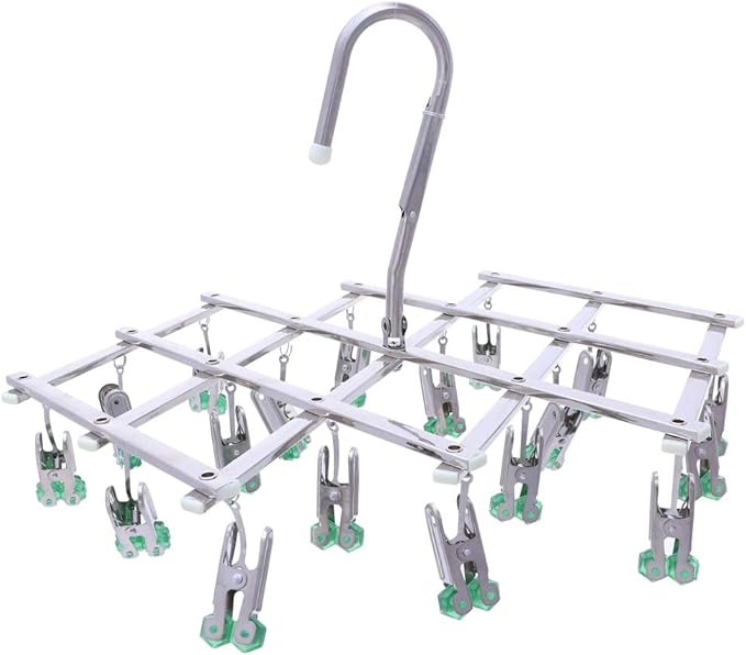 Drying Hanger,Hanging Drying Rack,Drip Hanger Stainless Steel with 18 Pegs for Laundry Underwear Socks Bra Panty,Quickly Remove Clothes from Hanger,Windproof,Folding Portable,Green