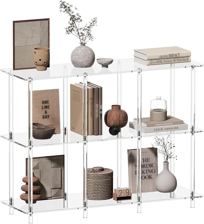 Acrylic Horizontal Bookshelf, 11.6" D x 35.4" W x 26.5" H, 3-Tier Clear 6 Cube Organizer Bookcase, Open Low Book Shelf for Home Office, Living Room, Bedroom, Modern, Easy Assembly