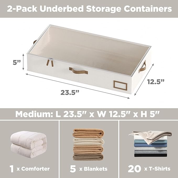 Under Bed Storage, Under Bed Storage Containers Bins for Clothes, Large Linen Underbed Closet Organization Bins, 2 Pack Collapsible Underbed Bin Dorm for Clothes, Sweater, Beige
