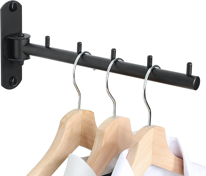 Swing Clothes Hanger, Wall Mounted Garment Bar-Hanger Holder Hooks, Heavy Duty Folding Drying Rack, Space Saving Clothing Hanging System, Closet Storage Organizer, Black